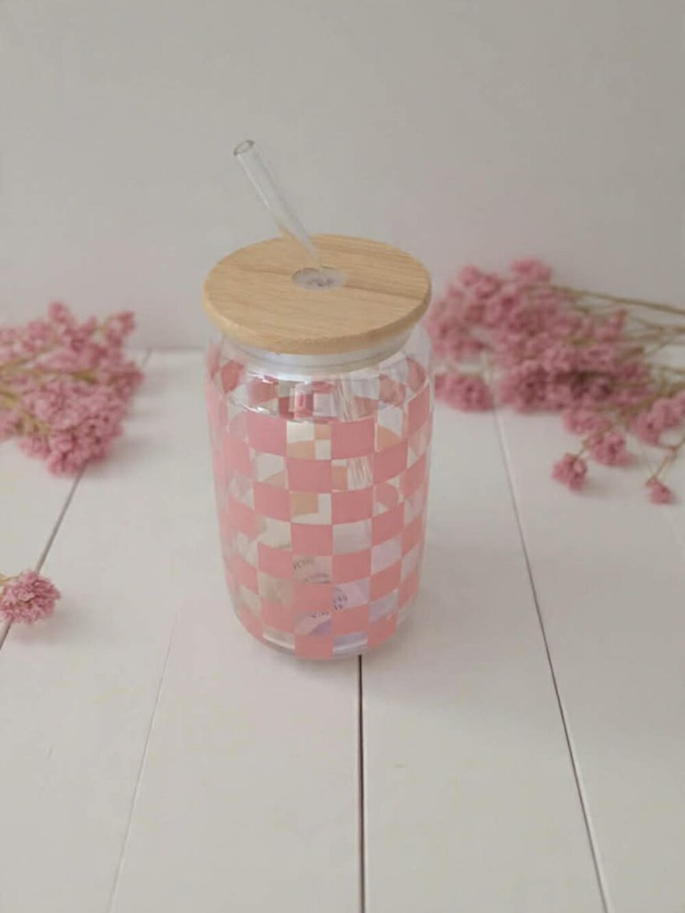 Pink Checkered Glass Can Tumbler w/ Bamboo Lid & Glass Straw | Like New